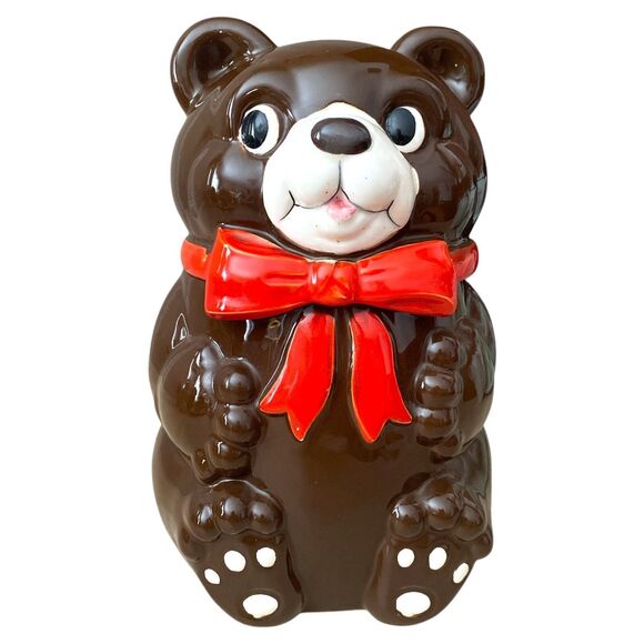 Vintage Japan Ceramic Teddy Bear Cookie Jar Red Ribbon Brown - Picture 4 of 11